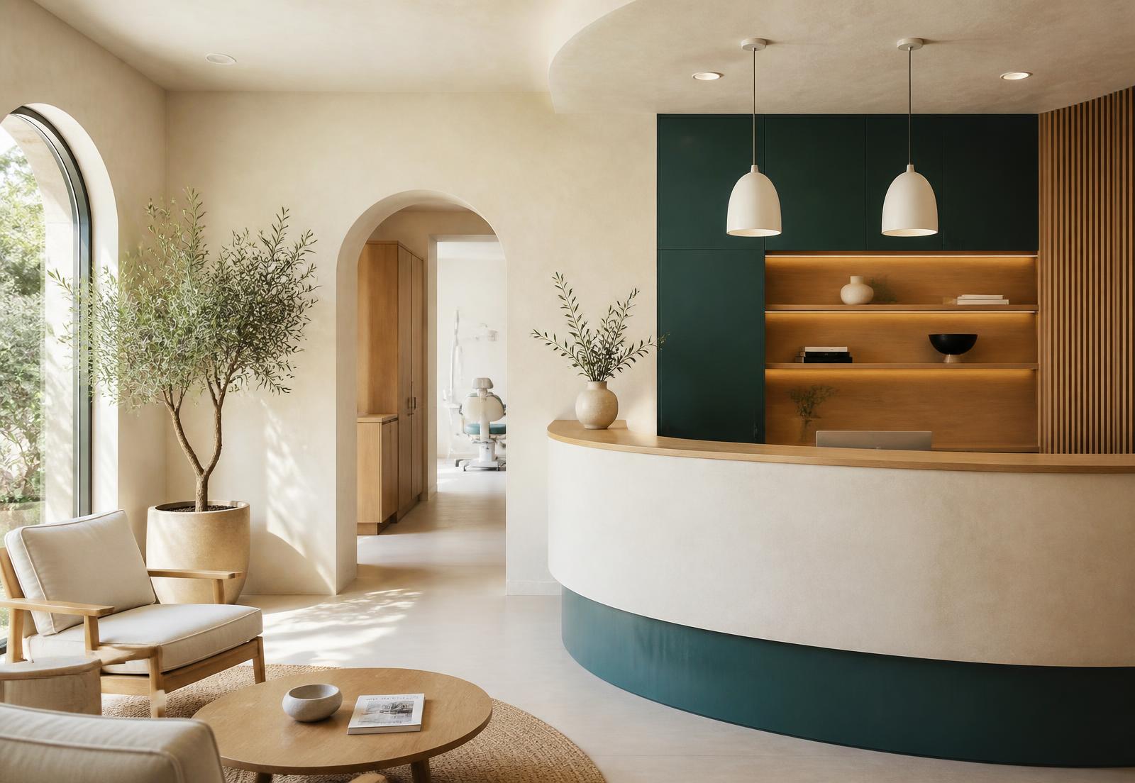 Sunlit reception area at Panzek Dentistry with warm plaster walls, teal joinery and oak shelving