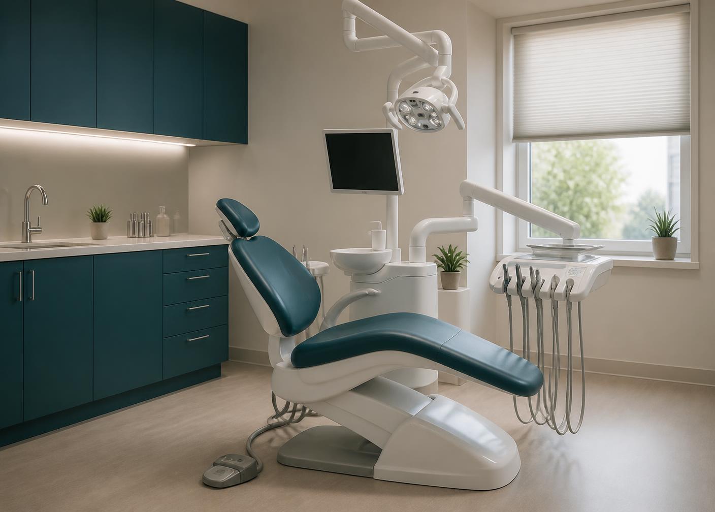 Panzek Dentistry treatment room with teal cabinetry, a modern dental chair and natural daylight